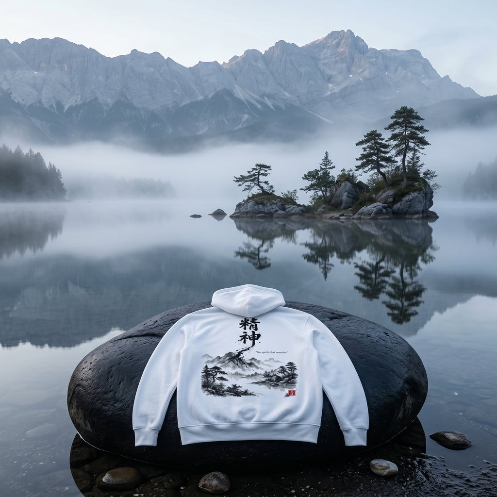 White unisex hoodie with hand-brushed Japanese calligraphy 精神 
and Sumi-e mountain landscape on the back, red Hanko seal signature, 
MINDŌ Studio Seishin collection