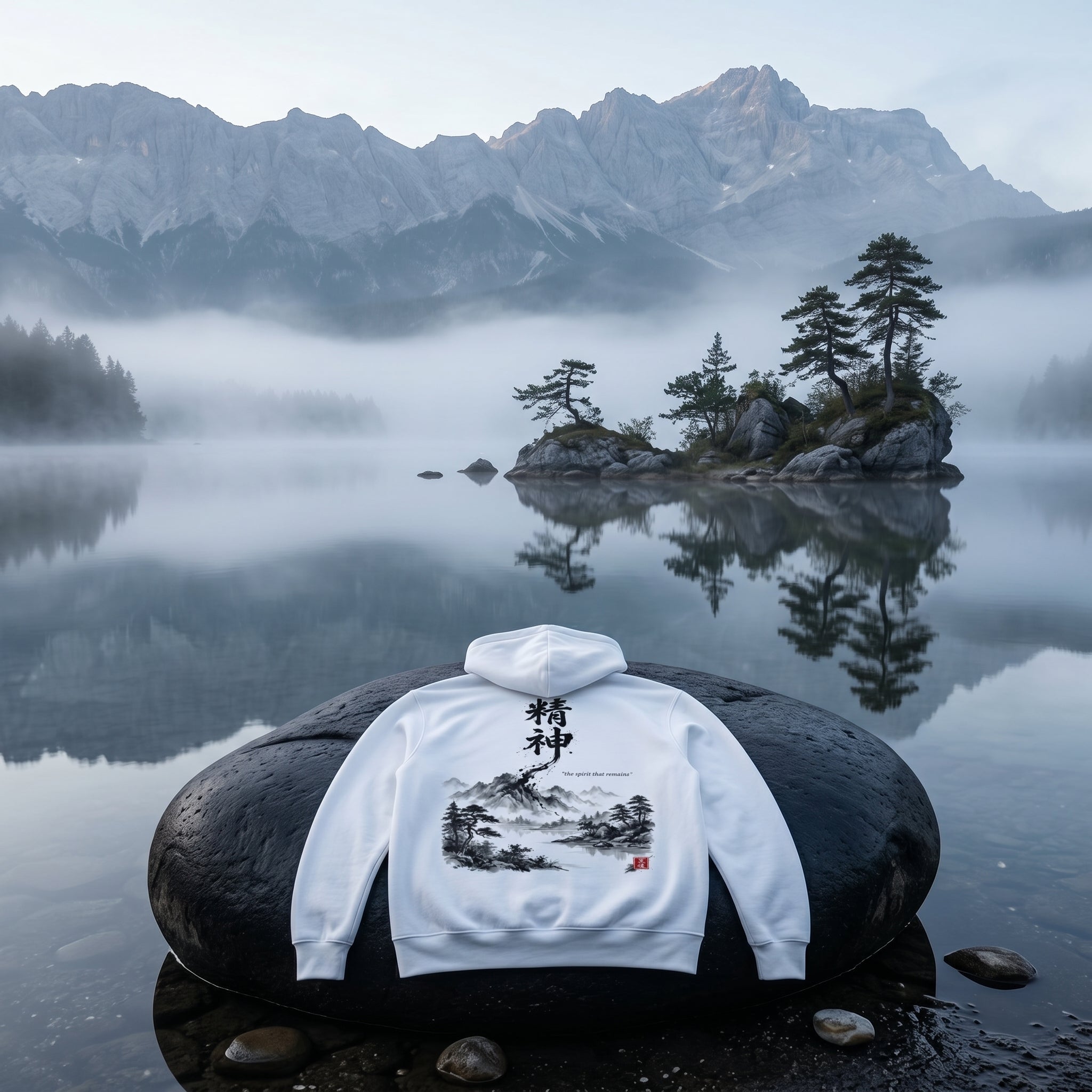 White unisex hoodie with hand-brushed Japanese calligraphy 精神 
and Sumi-e mountain landscape on the back, red Hanko seal signature, 
MINDŌ Studio Seishin collection
