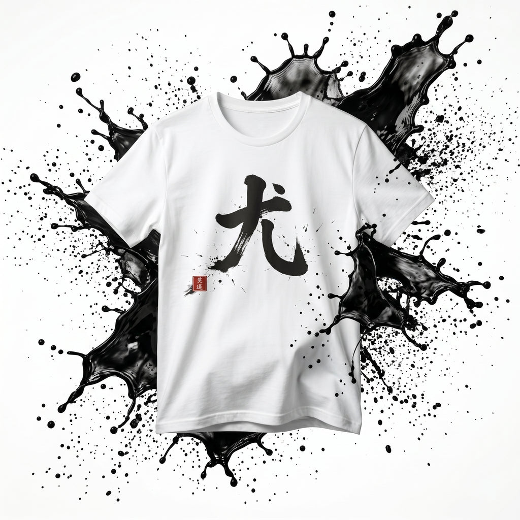 White boxy t-shirt by Mindō Studio featuring black ink Dairiki martial Japanese calligraphy and a red hanko seal