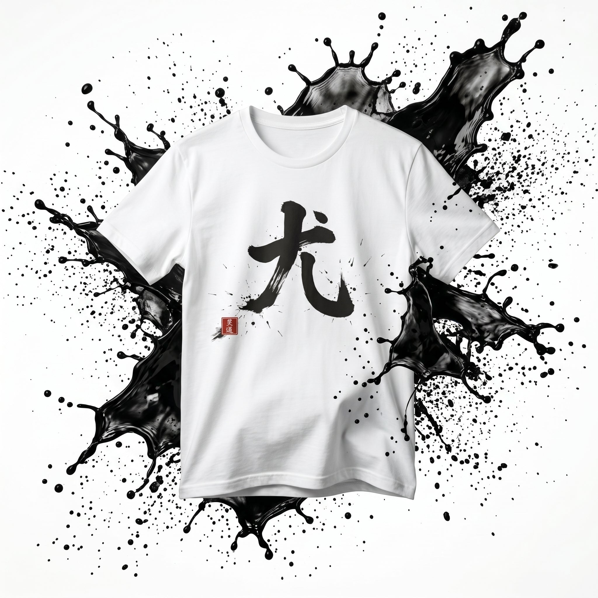 White boxy t-shirt by Mindō Studio featuring black ink Dairiki martial Japanese calligraphy and a red hanko seal