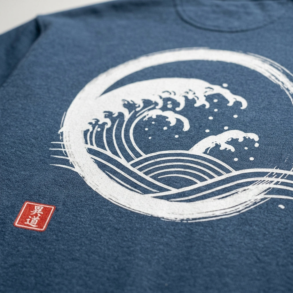 Heavyweight blue jeansweatshirt by Mindō Studio, back view with a Zen ensō circle, Japanese great wave design and red hanko seal