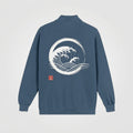 Heavyweight blue jeans weatshirt by Mindō Studio, back view with a Zen ensō circle, Japanese great wave design and red hanko seal