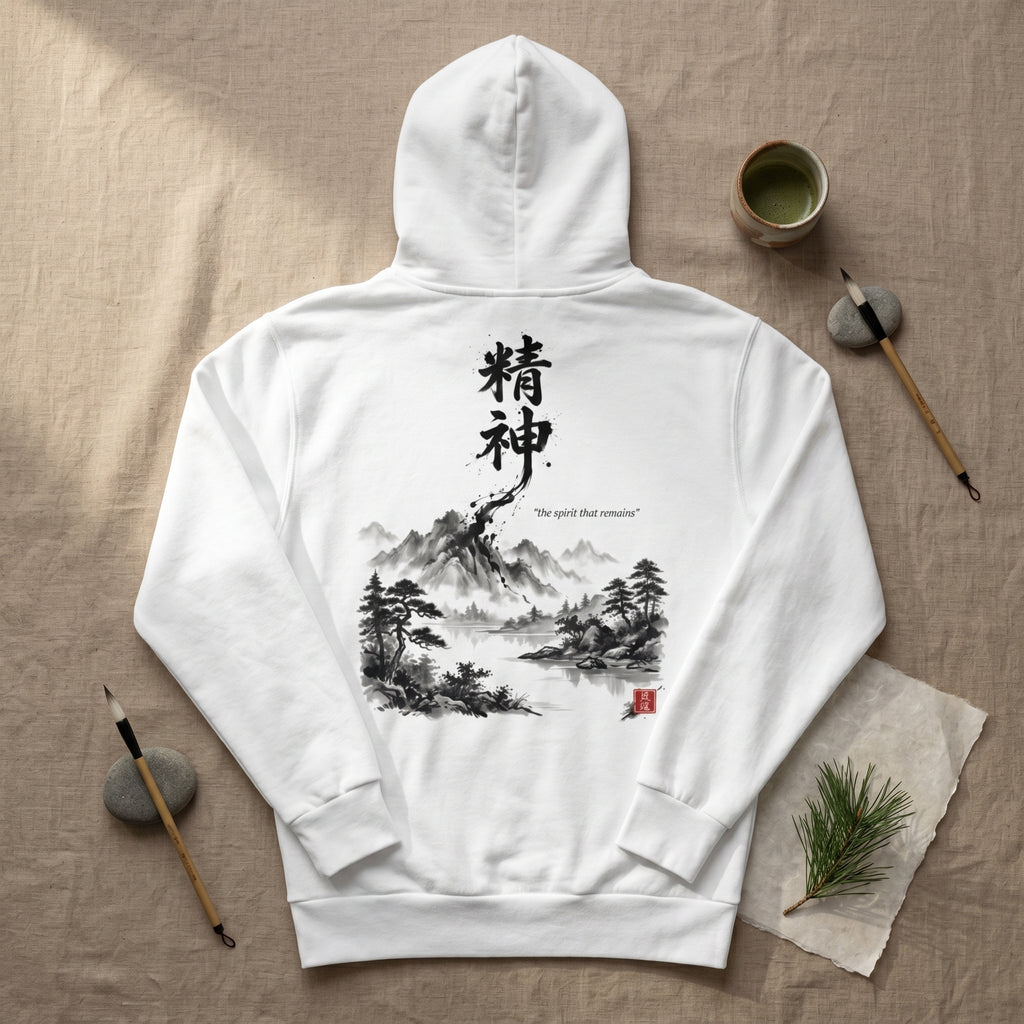 White unisex hoodie with hand-brushed Japanese calligraphy 精神 
and Sumi-e mountain landscape on the back, red Hanko seal signature, 
MINDŌ Studio Seishin collection