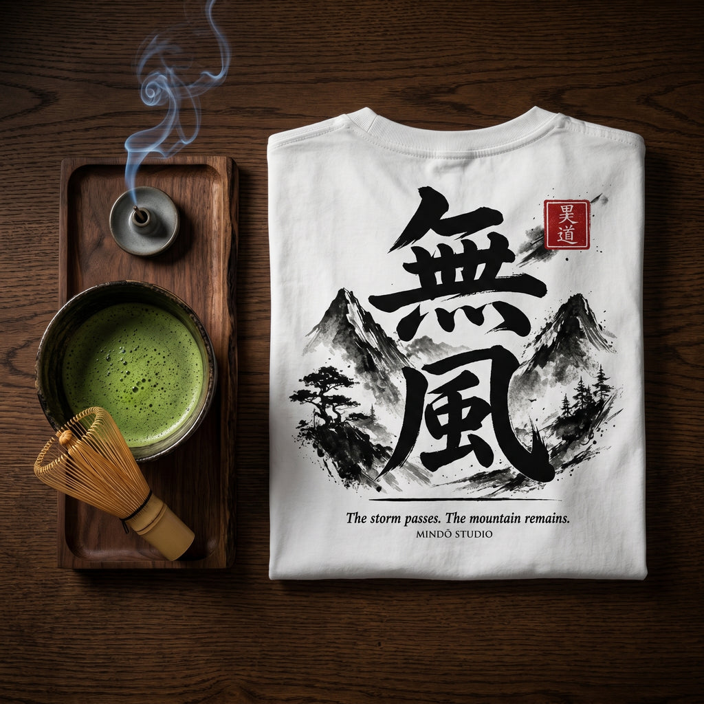 T-shirt the Mufū Heavyweight Boxy Tee. Premium 100% combed cotton, relaxed fit, featuring traditional Japanese ink-wash mountain art and our signature Hanko.