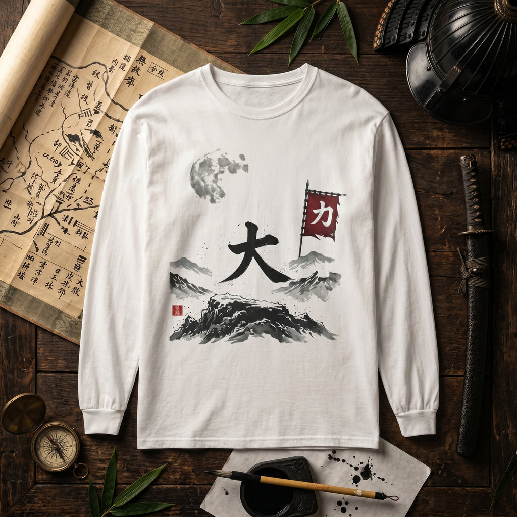 White vintage wash long sleeve t-shirt featuring a Japanese sumi-e mountain landscape, a large 'Dai' kanji, a red martial flag, and an authentic Mindo Studio red hanko seal.