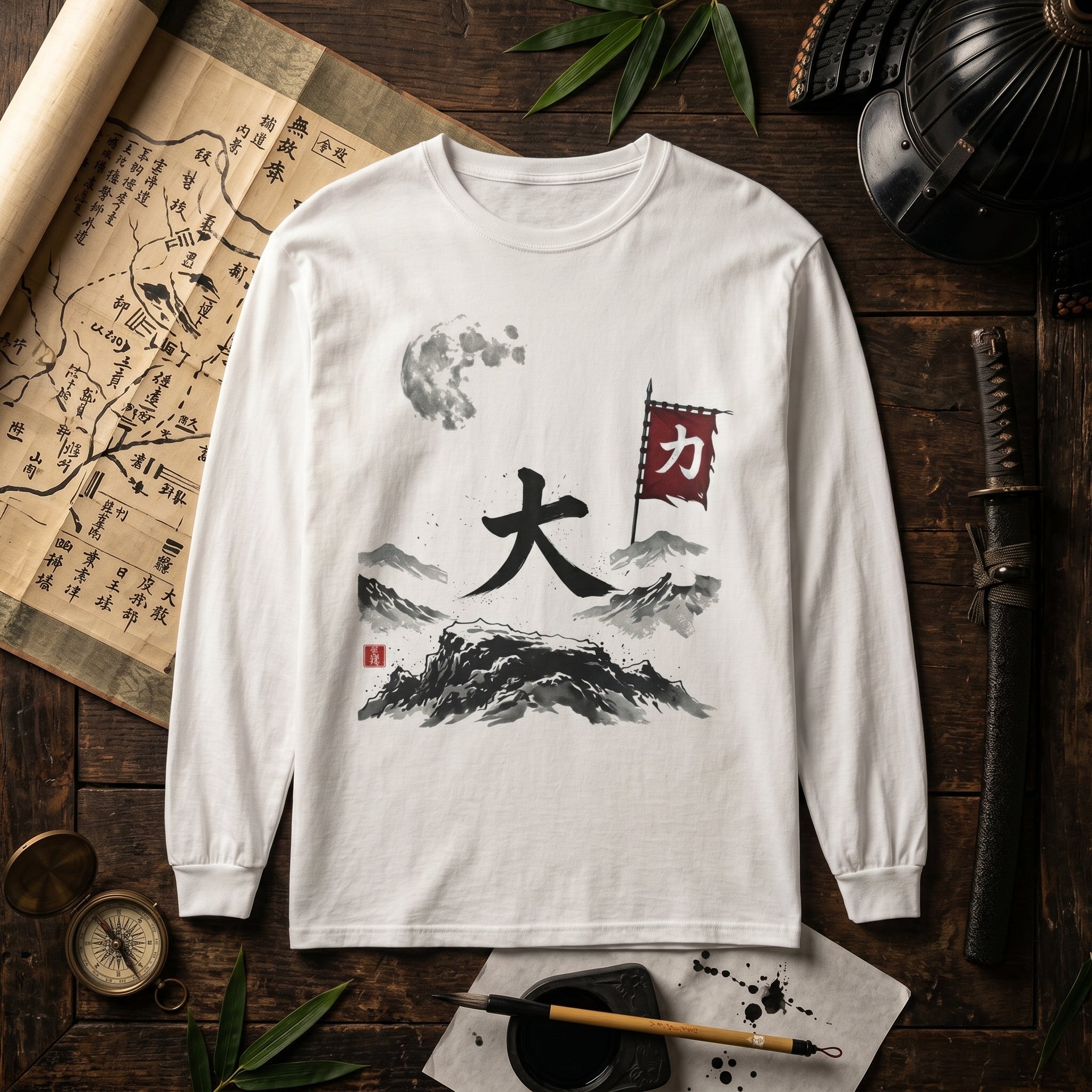 White vintage wash long sleeve t-shirt featuring a Japanese sumi-e mountain landscape, a large 'Dai' kanji, a red martial flag, and an authentic Mindo Studio red hanko seal.